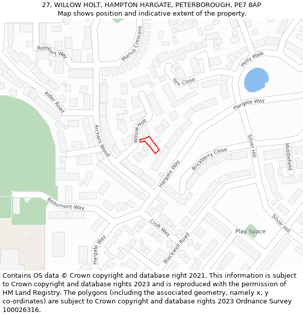 27, WILLOW HOLT, HAMPTON HARGATE, PETERBOROUGH, PE7 8AP: Location map and indicative extent of plot