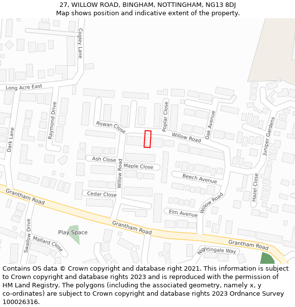 27, WILLOW ROAD, BINGHAM, NOTTINGHAM, NG13 8DJ: Location map and indicative extent of plot
