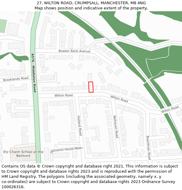 27, WILTON ROAD, CRUMPSALL, MANCHESTER, M8 4NG: Location map and indicative extent of plot