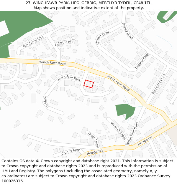 27, WINCHFAWR PARK, HEOLGERRIG, MERTHYR TYDFIL, CF48 1TL: Location map and indicative extent of plot