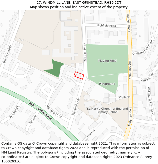 27, WINDMILL LANE, EAST GRINSTEAD, RH19 2DT: Location map and indicative extent of plot