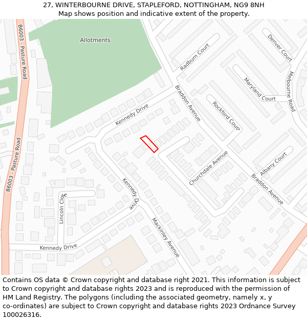 27, WINTERBOURNE DRIVE, STAPLEFORD, NOTTINGHAM, NG9 8NH: Location map and indicative extent of plot