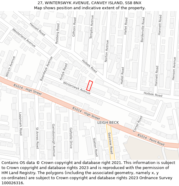 27, WINTERSWYK AVENUE, CANVEY ISLAND, SS8 8NX: Location map and indicative extent of plot