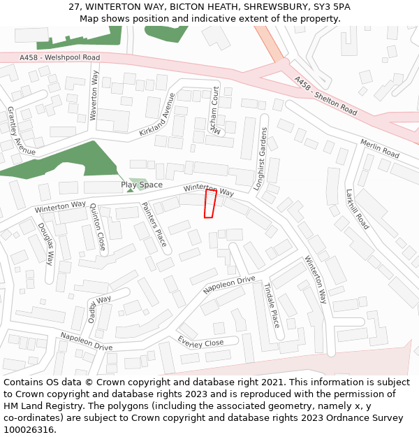 27, WINTERTON WAY, BICTON HEATH, SHREWSBURY, SY3 5PA: Location map and indicative extent of plot