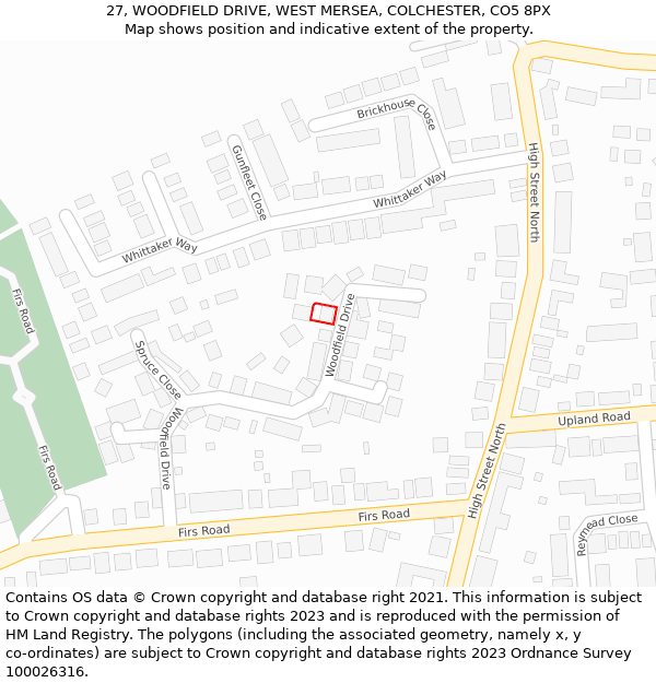 27, WOODFIELD DRIVE, WEST MERSEA, COLCHESTER, CO5 8PX: Location map and indicative extent of plot