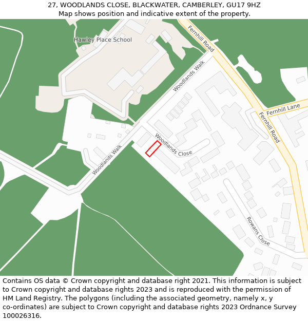 27, WOODLANDS CLOSE, BLACKWATER, CAMBERLEY, GU17 9HZ: Location map and indicative extent of plot