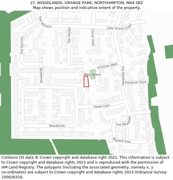 27, WOODLANDS, GRANGE PARK, NORTHAMPTON, NN4 5BZ: Location map and indicative extent of plot