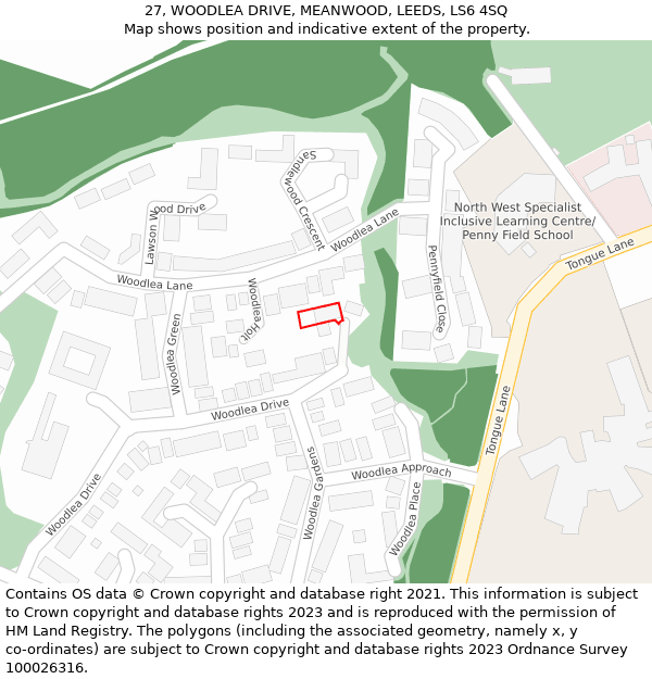 27, WOODLEA DRIVE, MEANWOOD, LEEDS, LS6 4SQ: Location map and indicative extent of plot