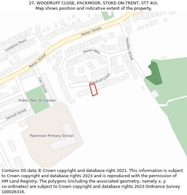 27, WOODRUFF CLOSE, PACKMOOR, STOKE-ON-TRENT, ST7 4UL: Location map and indicative extent of plot