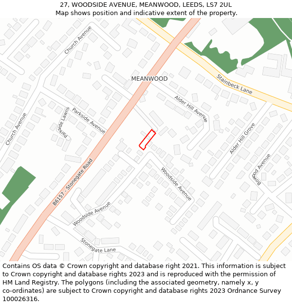 27, WOODSIDE AVENUE, MEANWOOD, LEEDS, LS7 2UL: Location map and indicative extent of plot