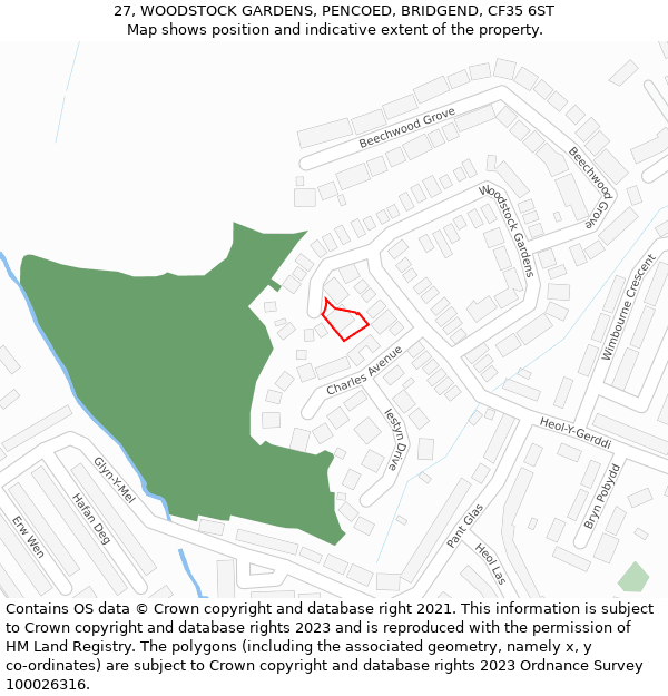 27, WOODSTOCK GARDENS, PENCOED, BRIDGEND, CF35 6ST: Location map and indicative extent of plot