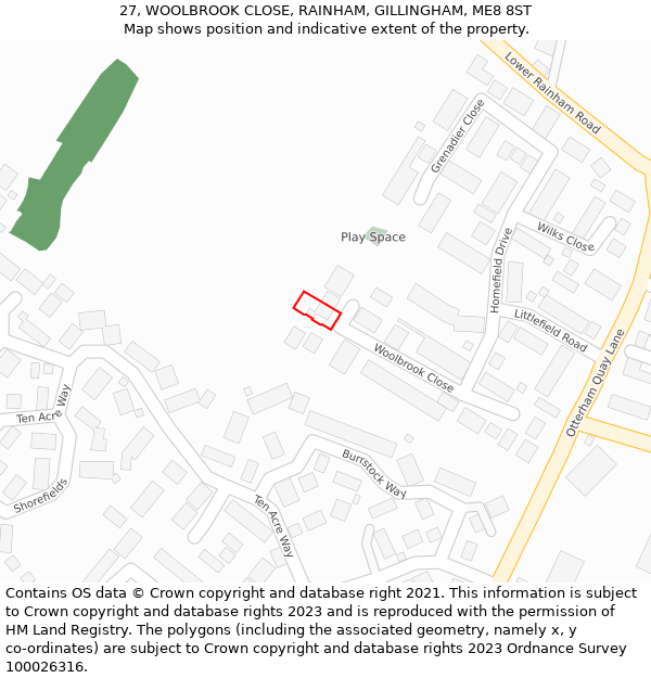 27, WOOLBROOK CLOSE, RAINHAM, GILLINGHAM, ME8 8ST: Location map and indicative extent of plot