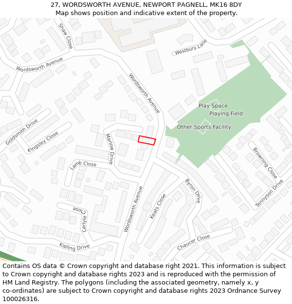 27, WORDSWORTH AVENUE, NEWPORT PAGNELL, MK16 8DY: Location map and indicative extent of plot