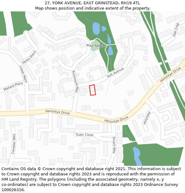 27, YORK AVENUE, EAST GRINSTEAD, RH19 4TL: Location map and indicative extent of plot