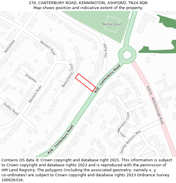 270, CANTERBURY ROAD, KENNINGTON, ASHFORD, TN24 9QN: Location map and indicative extent of plot