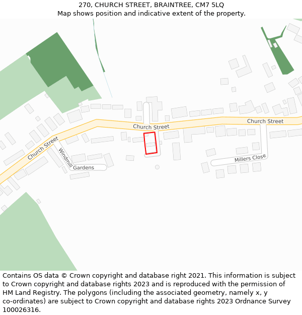 270, CHURCH STREET, BRAINTREE, CM7 5LQ: Location map and indicative extent of plot