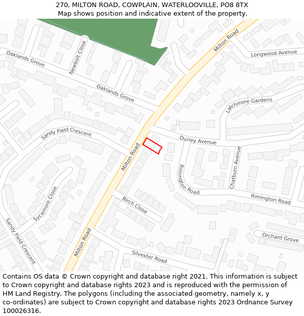 270, MILTON ROAD, COWPLAIN, WATERLOOVILLE, PO8 8TX: Location map and indicative extent of plot