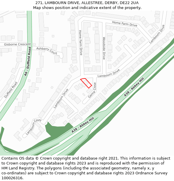 271, LAMBOURN DRIVE, ALLESTREE, DERBY, DE22 2UA: Location map and indicative extent of plot