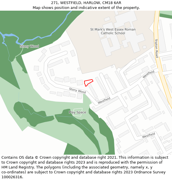 271, WESTFIELD, HARLOW, CM18 6AR: Location map and indicative extent of plot