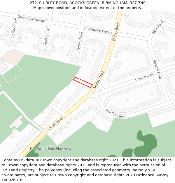 272, SHIRLEY ROAD, ACOCKS GREEN, BIRMINGHAM, B27 7NP: Location map and indicative extent of plot