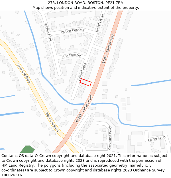 273, LONDON ROAD, BOSTON, PE21 7BA: Location map and indicative extent of plot