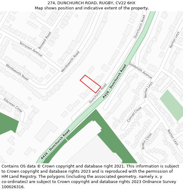 274, DUNCHURCH ROAD, RUGBY, CV22 6HX: Location map and indicative extent of plot