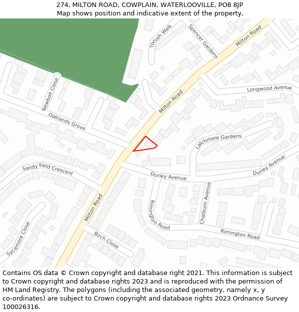 274, MILTON ROAD, COWPLAIN, WATERLOOVILLE, PO8 8JP: Location map and indicative extent of plot