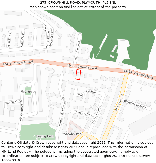 275, CROWNHILL ROAD, PLYMOUTH, PL5 3NL: Location map and indicative extent of plot