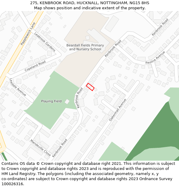 275, KENBROOK ROAD, HUCKNALL, NOTTINGHAM, NG15 8HS: Location map and indicative extent of plot