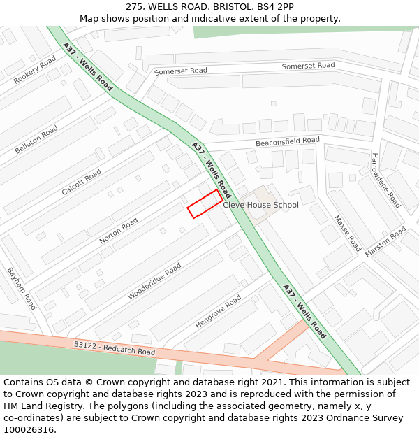 275, WELLS ROAD, BRISTOL, BS4 2PP: Location map and indicative extent of plot
