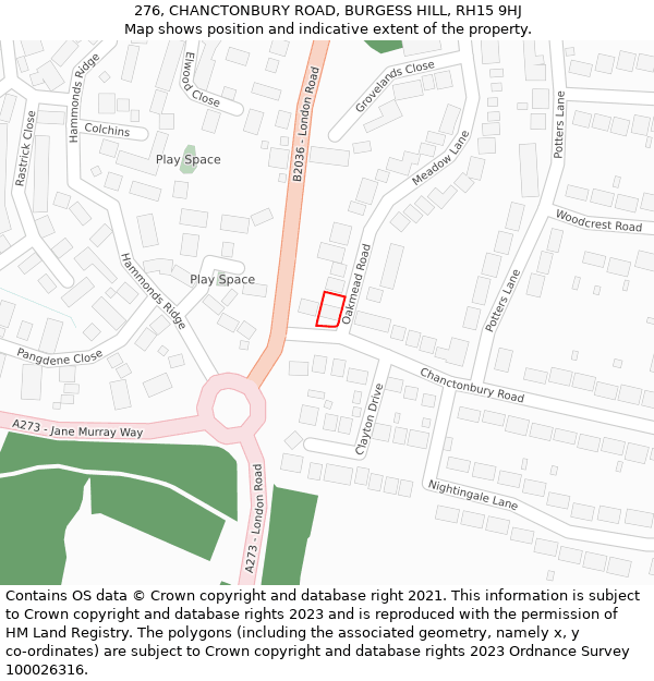 276, CHANCTONBURY ROAD, BURGESS HILL, RH15 9HJ: Location map and indicative extent of plot