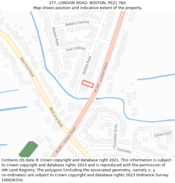 277, LONDON ROAD, BOSTON, PE21 7BA: Location map and indicative extent of plot