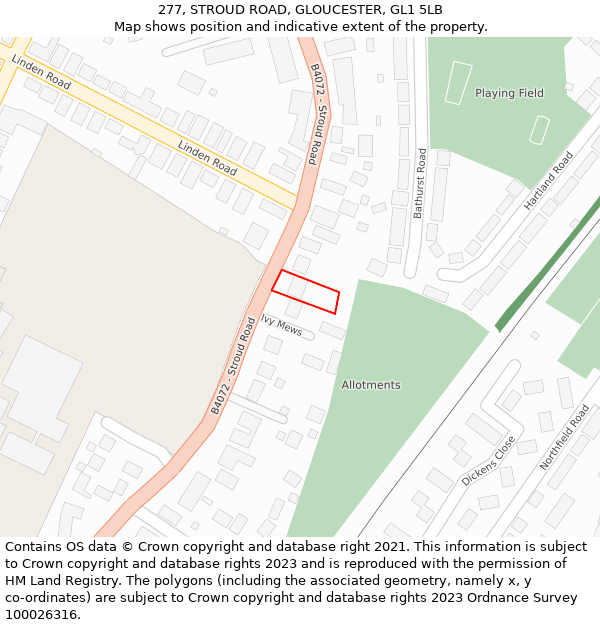 277, STROUD ROAD, GLOUCESTER, GL1 5LB: Location map and indicative extent of plot