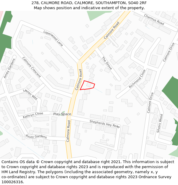 278, CALMORE ROAD, CALMORE, SOUTHAMPTON, SO40 2RF: Location map and indicative extent of plot