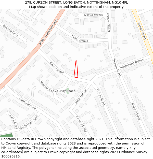 278, CURZON STREET, LONG EATON, NOTTINGHAM, NG10 4FL: Location map and indicative extent of plot