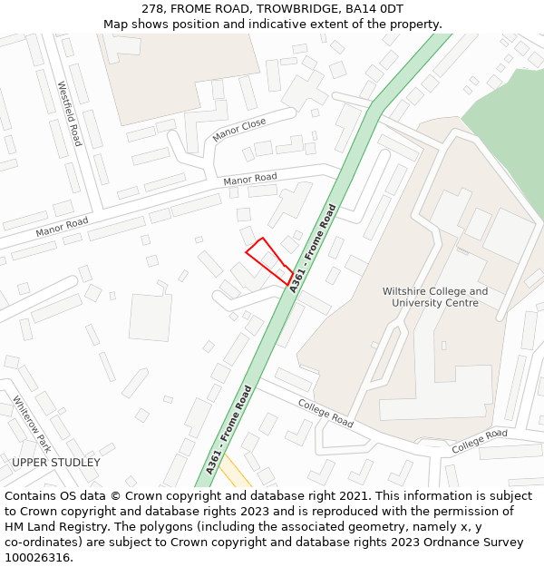 278, FROME ROAD, TROWBRIDGE, BA14 0DT: Location map and indicative extent of plot