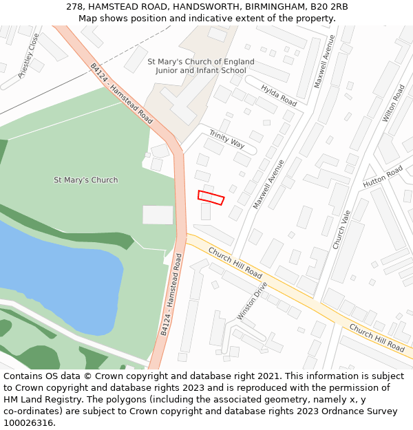 278, HAMSTEAD ROAD, HANDSWORTH, BIRMINGHAM, B20 2RB: Location map and indicative extent of plot