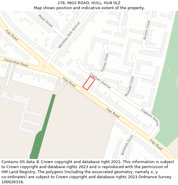 278, INGS ROAD, HULL, HU8 0LZ: Location map and indicative extent of plot
