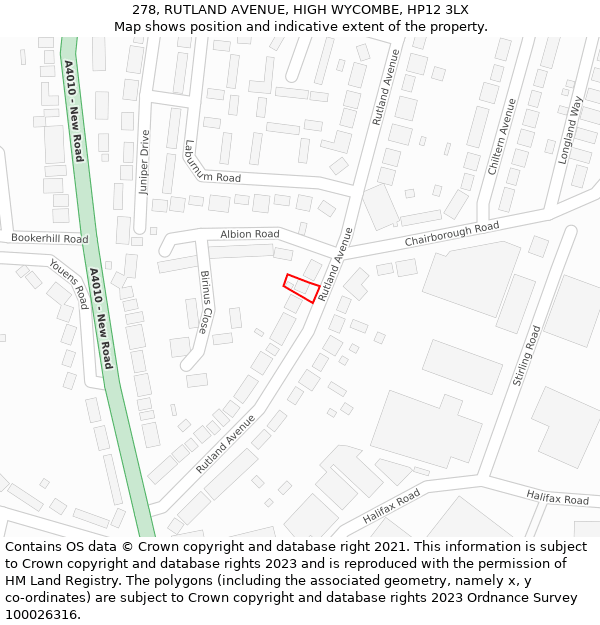 278, RUTLAND AVENUE, HIGH WYCOMBE, HP12 3LX: Location map and indicative extent of plot