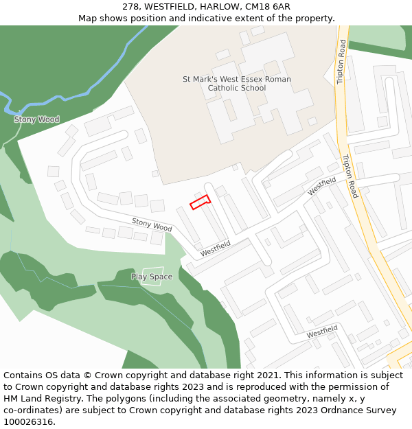 278, WESTFIELD, HARLOW, CM18 6AR: Location map and indicative extent of plot