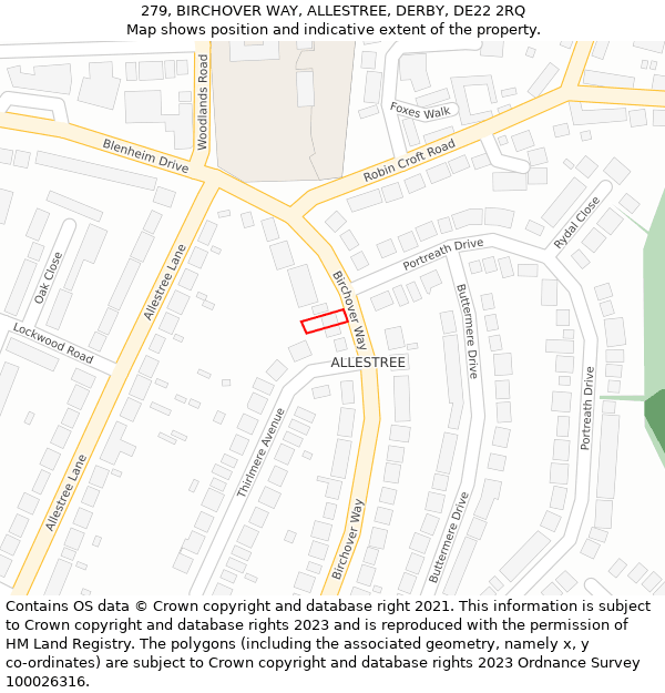 279, BIRCHOVER WAY, ALLESTREE, DERBY, DE22 2RQ: Location map and indicative extent of plot