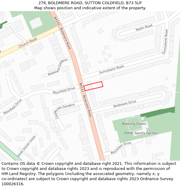 279, BOLDMERE ROAD, SUTTON COLDFIELD, B73 5LP: Location map and indicative extent of plot