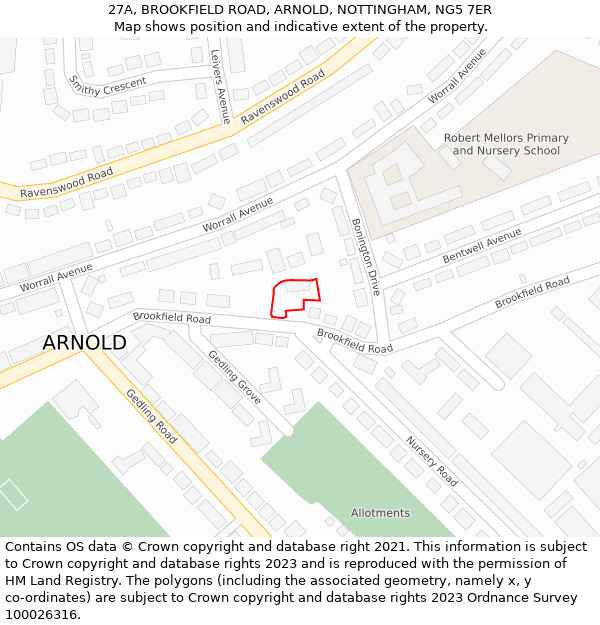 27A, BROOKFIELD ROAD, ARNOLD, NOTTINGHAM, NG5 7ER: Location map and indicative extent of plot