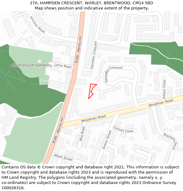 27A, HAMPDEN CRESCENT, WARLEY, BRENTWOOD, CM14 5BD: Location map and indicative extent of plot