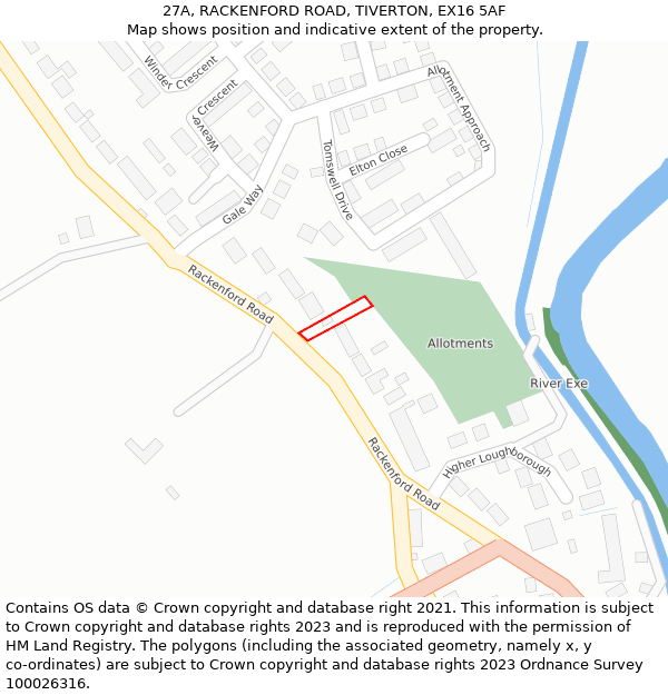 27A, RACKENFORD ROAD, TIVERTON, EX16 5AF: Location map and indicative extent of plot