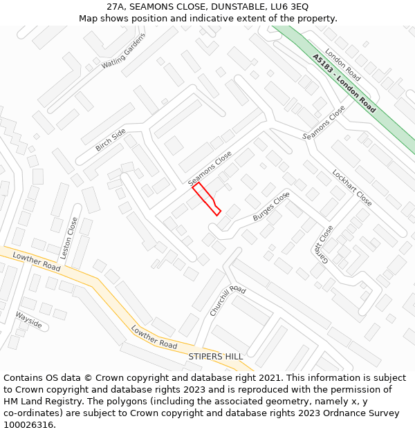 27A, SEAMONS CLOSE, DUNSTABLE, LU6 3EQ: Location map and indicative extent of plot