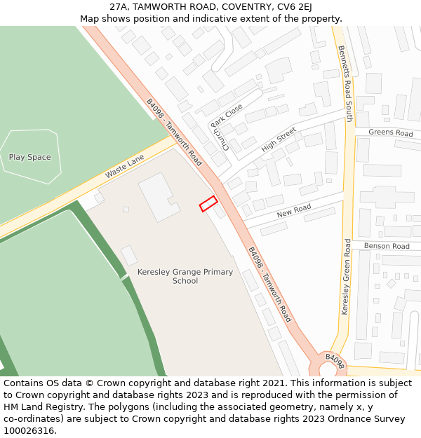 27A, TAMWORTH ROAD, COVENTRY, CV6 2EJ: Location map and indicative extent of plot