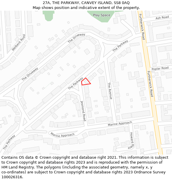 27A, THE PARKWAY, CANVEY ISLAND, SS8 0AQ: Location map and indicative extent of plot