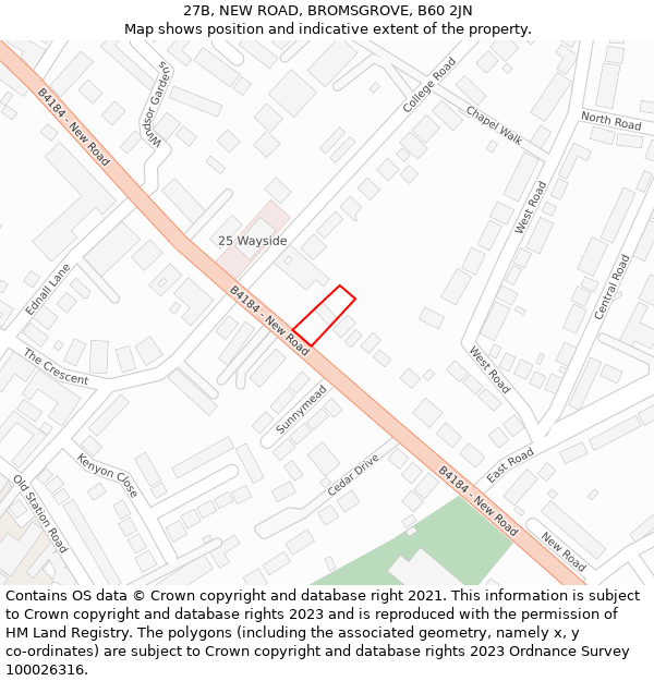 27B, NEW ROAD, BROMSGROVE, B60 2JN: Location map and indicative extent of plot