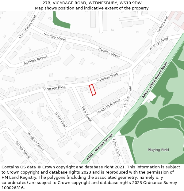 27B, VICARAGE ROAD, WEDNESBURY, WS10 9DW: Location map and indicative extent of plot